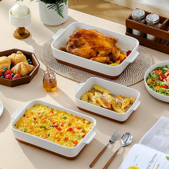 MALACASA Casserole Dishes for Oven with Roasting Racks, Ceramic Baking Dishes Set of 3, Baking Pan