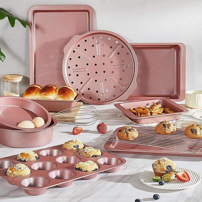 HONGBAKE Bakeware Sets, Baking Pans Set, Nonstick Oven Pan for Kitchen with Wider Grips, 10-Piece