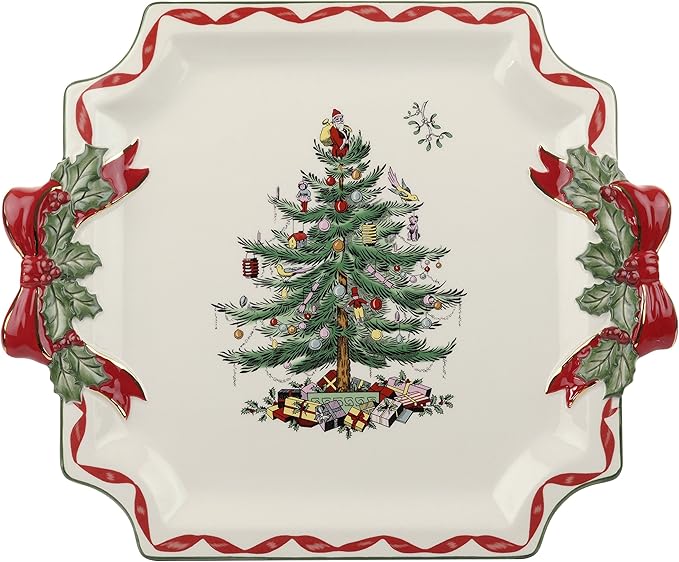 Spode Christmas Tree Ribbons Square Platter with Bow Handles - 11-Inch Holiday Serving Plate for