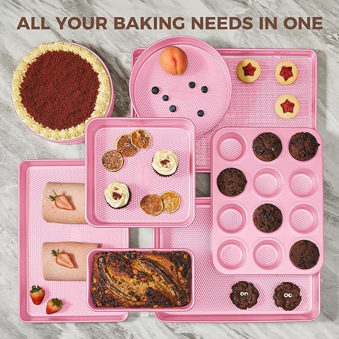 HONGBAKE 9-Piece Baking Pans Set Nonstick, Stackable Non Toxic Bakeware Sets with Diamond Texture