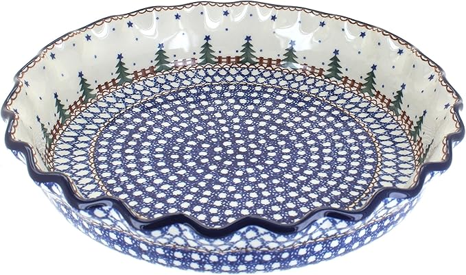 Blue Rose Polish Pottery - Blue Rustic Pines Pie Plate - 10" Diameter - Ceramic Baking Dish, For