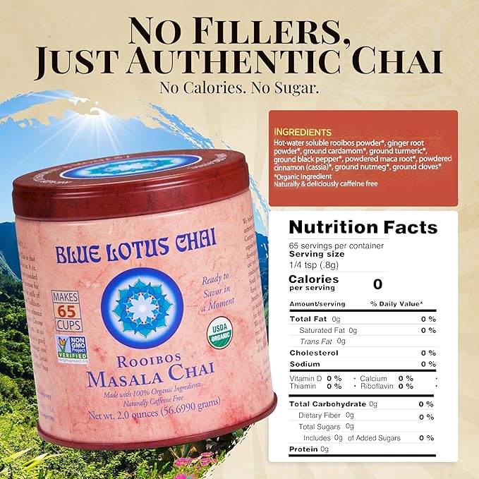 Blue Lotus Chai - Rooibos Flavor Masala Chai - Makes 65 Cups - 2 Ounce Masala Spiced Chai Powder
