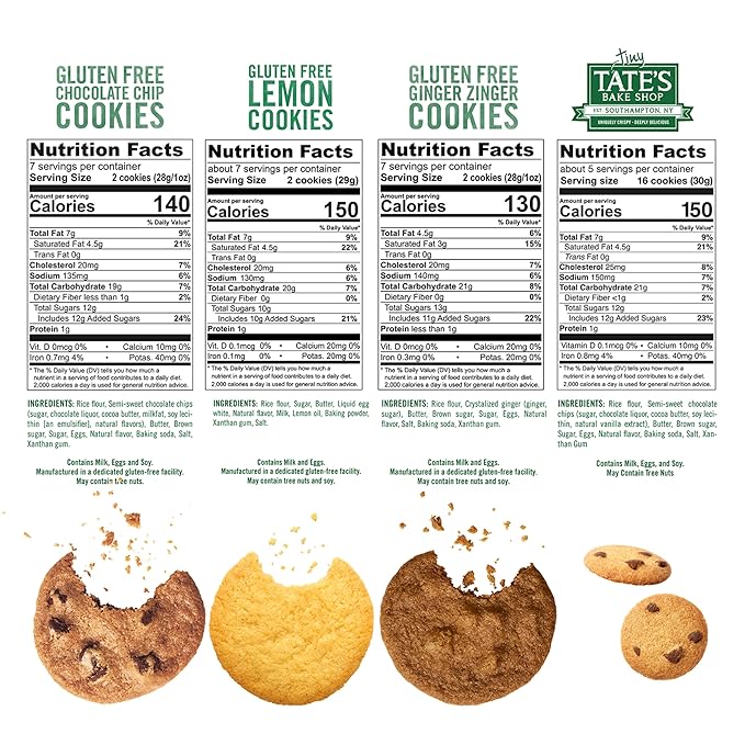 Tate's Bake Shop Gluten Free Cookies Variety Pack, Lemon, Ginger Zinger, Chocolate Chip, and Tiny