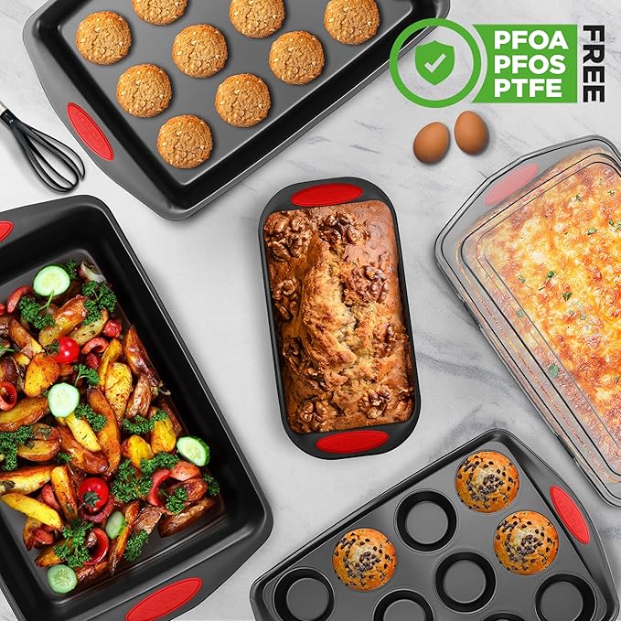 NutriChef 6-Piece Baking Pan Set - PFOA, PFOS, PTFE Free Flexible Nonstick Black Coating Carbon
