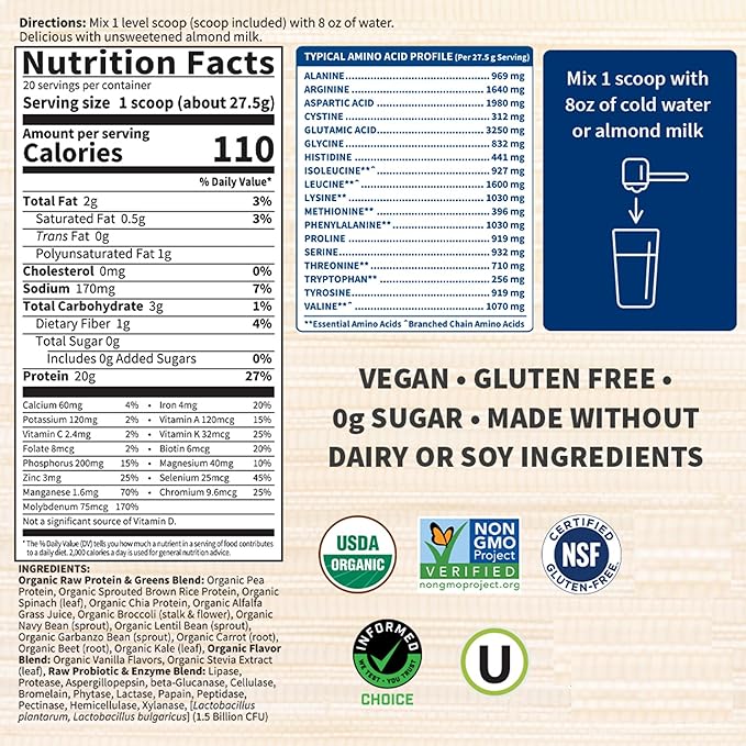 Garden of Life Raw Organic Protein & Greens Vanilla - Vegan Protein Powder for Women and Men, Plant