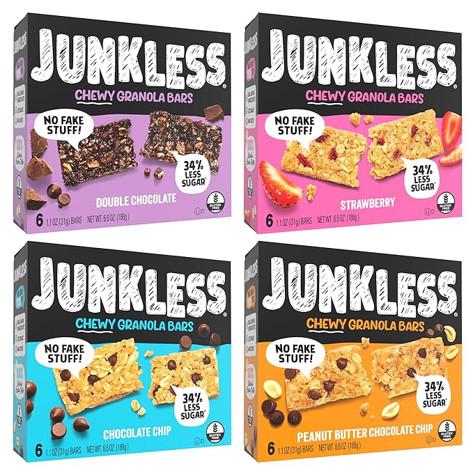 JUNKLESS Chewy Granola Bar 4?멑lavor Variety Pack (24 Bars)?밡on?멒MO, Gluten?멑ree, Less Sugar Snack