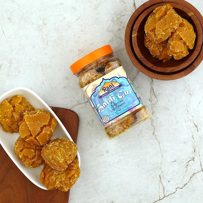 Rani Haldi Gur (Turmeric with Indian Jaggery) Indian Unrefined Raw Cane Sugar 17.5oz (1.1lbs) 500g