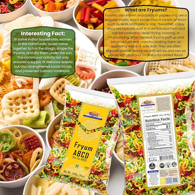 Rani Far Far / Fryums (Wheat & Tapioca Pellet) ABCD Shape 14oz (400g) ~ Vegan, Kosher, Uncooked