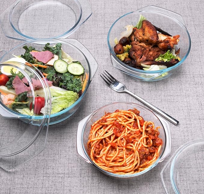 Set of 6 Pieces Round Tempered Glass Casserole Dish with Lids, Glass Casserole Baking Dish Set for