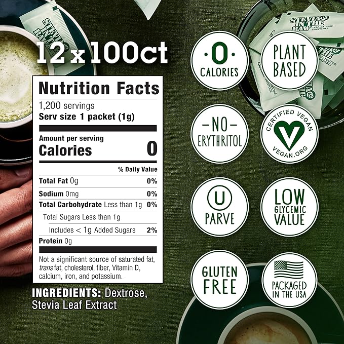 STEVIA IN THE RAW, Zero Calorie Sweetener Packets 100 Count Box (12 Pack)