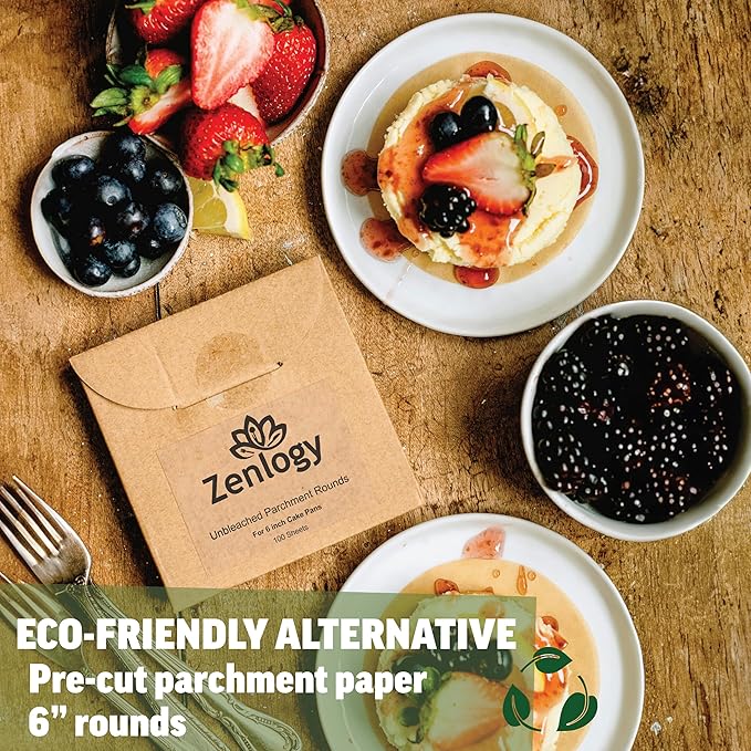 Zenlogy 6 Inch Parchment Paper Rounds (100 Sheets) - Unbleached, Pre-cut, High Heat, Round Liners