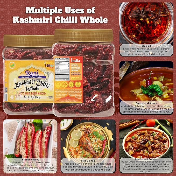 Rani Kashmiri Chilli Whole (Deggi Mirch, Low Heat) 5oz (141g) PET Jar ~ Natural | Salt-Free | Vegan