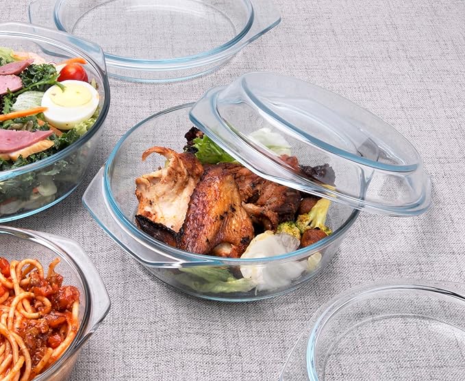 Set of 6 Pieces Round Tempered Glass Casserole Dish with Lids, Glass Casserole Baking Dish Set for