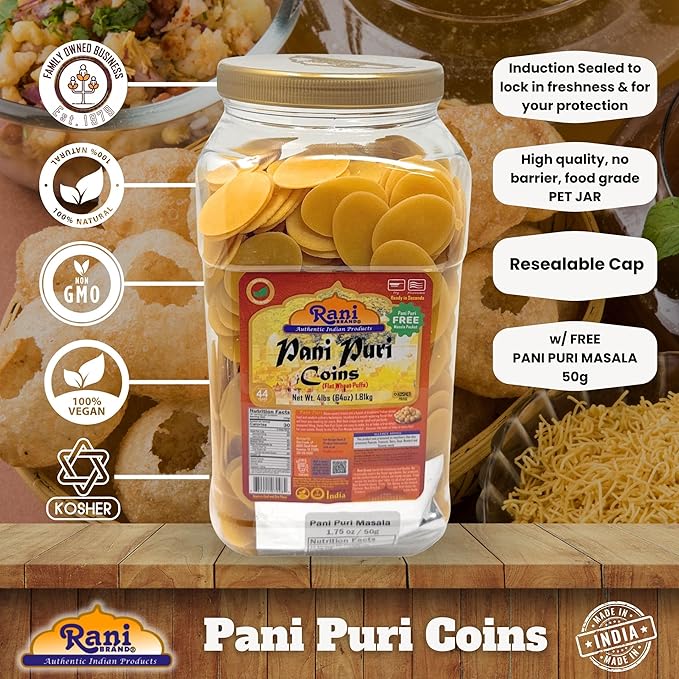Rani Pani Puri Coins (Uncooked, Microwaveable Wheat Semolina Coins) 64oz (4lbs) w/Pani Puri Masala