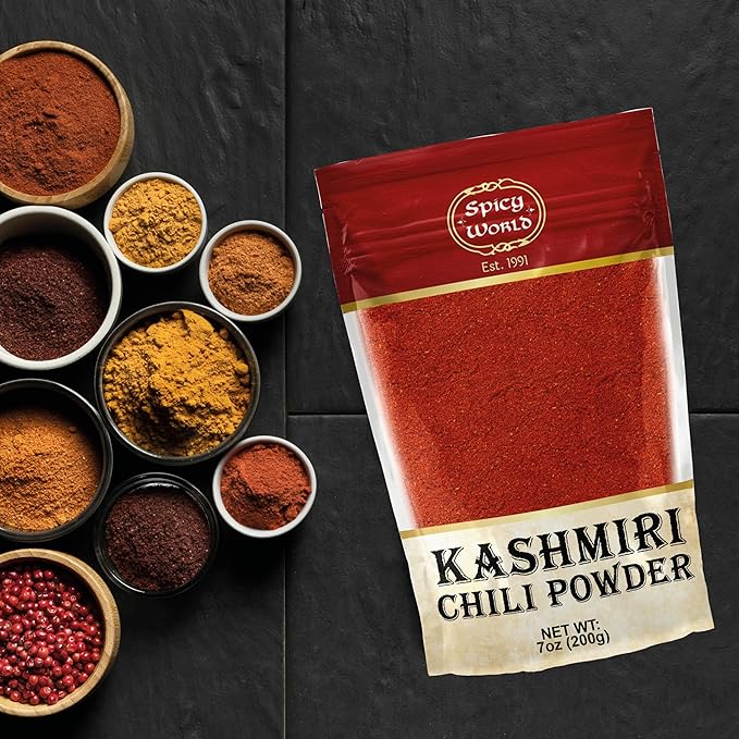 Spicy World Kashmiri Chili Powder Red 7 Ounce Resealable bag | All Natural Low Heat, Chili Powder