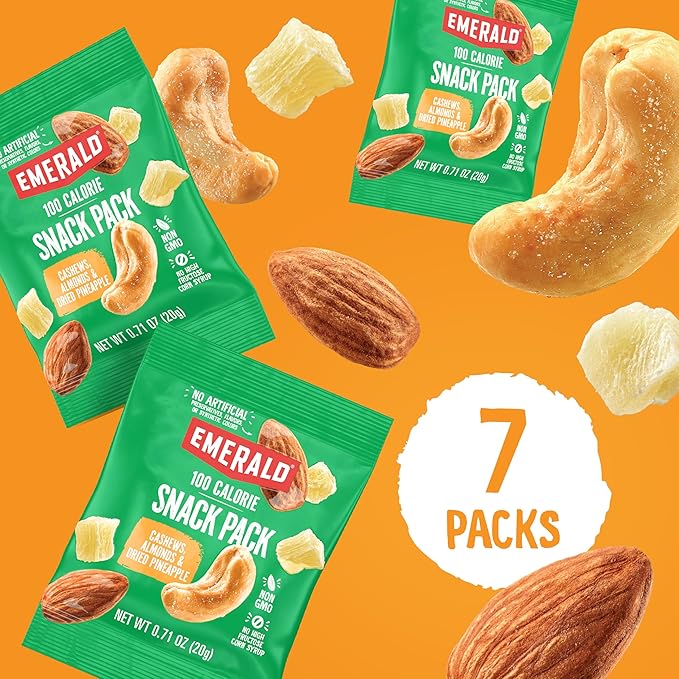 Emerald Nuts Cashews and Almonds with Dried Pineapple 7 Ct (1-Pack), 100-Calorie Individual Packs