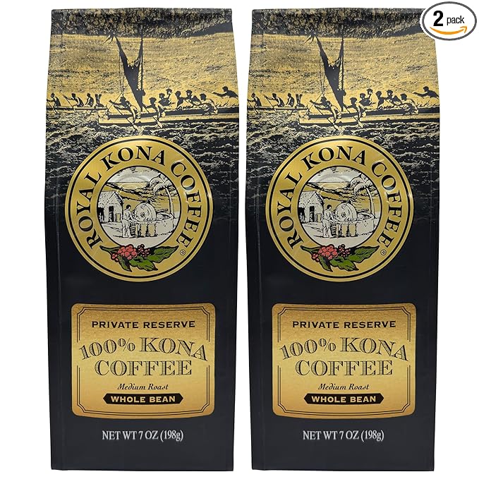 ROYAL KONA COFFEE Whole Bean - 100% Hawaiian Kona Coffee, Private Reserve, Medium Roast, (Pack of 2)