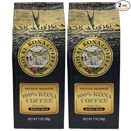 ROYAL KONA COFFEE Whole Bean - 100% Hawaiian Kona Coffee, Private Reserve, Medium Roast, (Pack of 2)