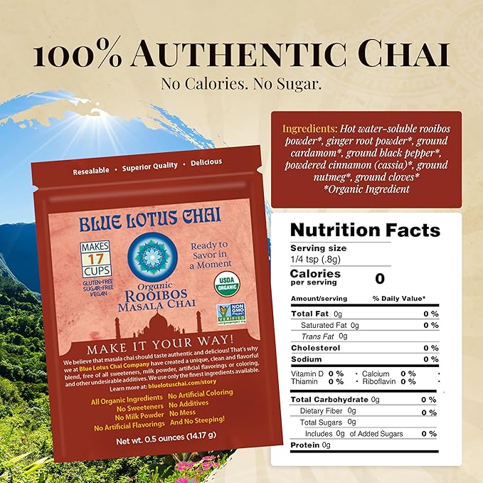 Blue Lotus Chai - Rooibos Masala Chai - Makes 17 Cups - 0.5 oz Pouch Masala Spiced Chai Powder with