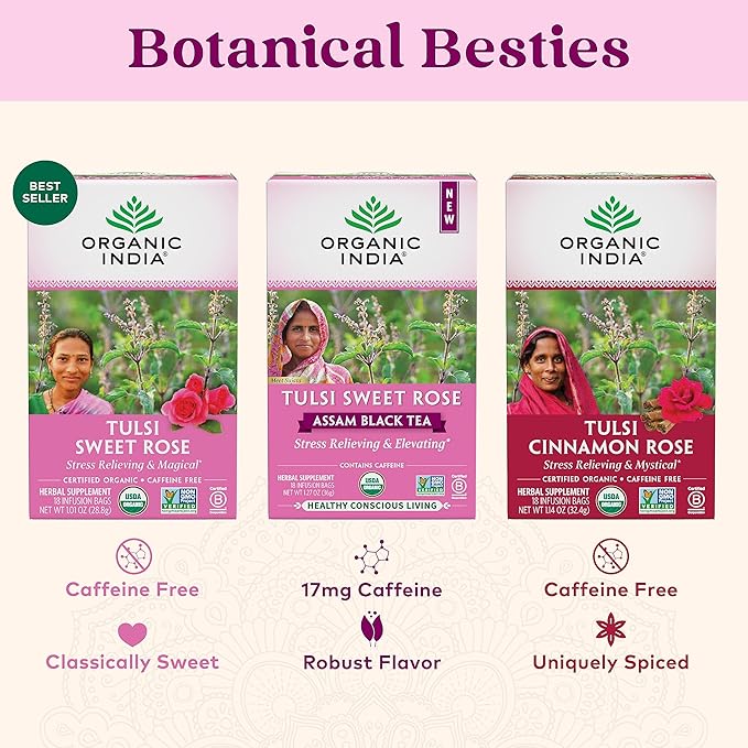 Organic India Tulsi Sweet Rose Herbal Tea - Holy Basil Leaf, African Basil, Chamomilie, Lemon