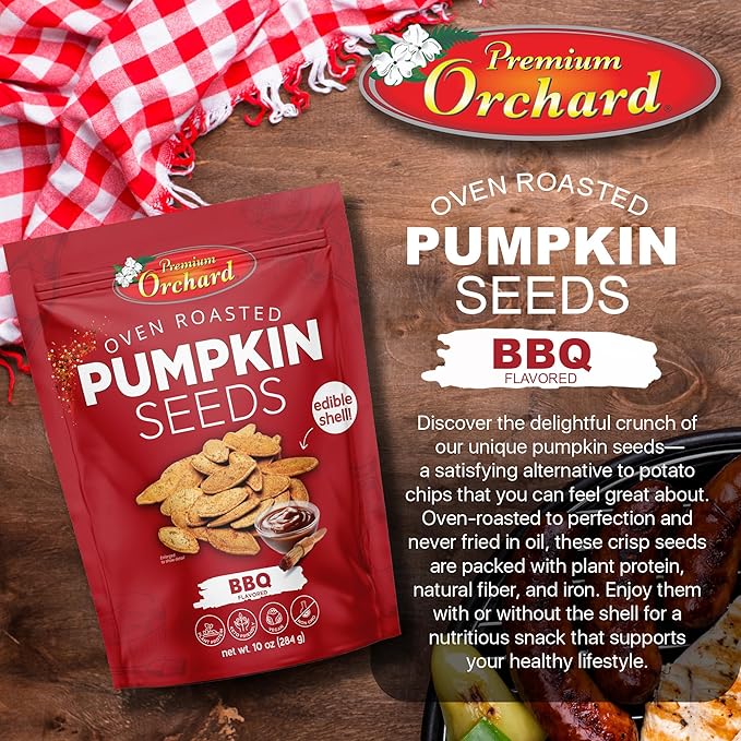 PREMIUM ORCHARD Flavored Pumpkin Seeds Oven Roasted | BBQ | High Protein Snacks for Kids and Adults