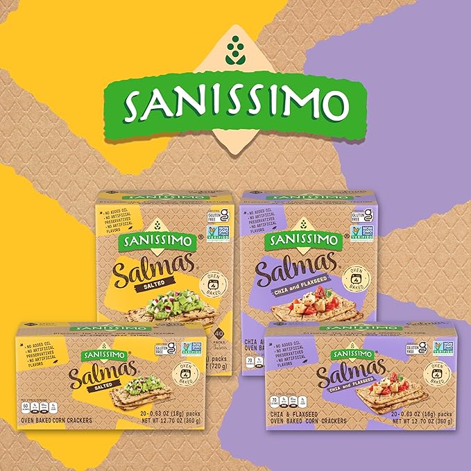 Sanissimo Salmas Chia & Flaxseed, 20 Packs of 3 Crackers, Oven Baked Corn Crackers, Gluten Free