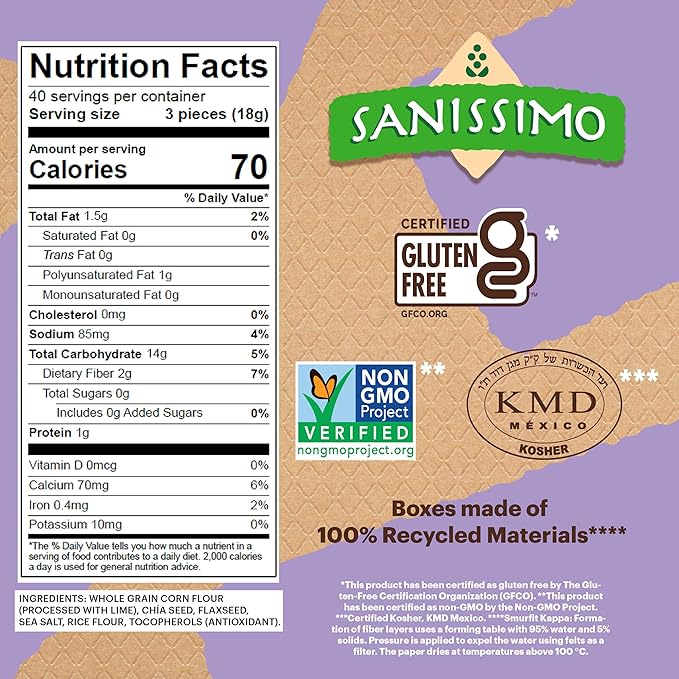 Sanissimo Salmas Chia & Flaxseed, 40 Packs of 3 Crackers, Oven Baked Corn Crackers, Gluten Free
