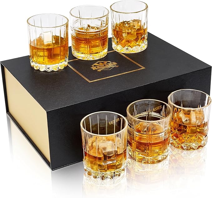 KANARS Whiskey Glasses Mixed, 10 Oz Scotch Glasses Set of 6, Rock Bar Tumblers 3 Patterns in Luxury