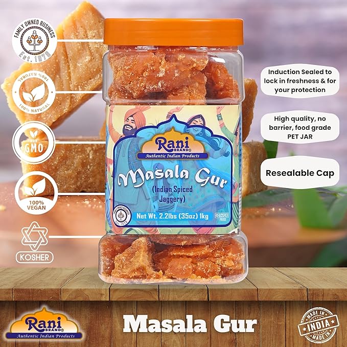 Rani Masala Gur (Jaggery) Indian Unrefined Raw Cane Sugar 35oz (2.2lbs) 1kg PET Jar ~ Gluten