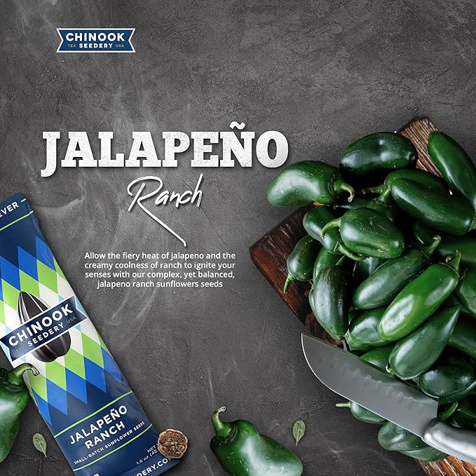 Chinook Seedery Roasted Sunflower Seeds to Eat - 1.5 oz (Pack of 36) Jalapeno Ranch - Jumbo Low