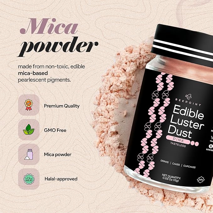 BeePoint Pink Edible Luster Dust 15g - Food Grade, Vibrant Color Shimmer Powdered Dust for Drinks