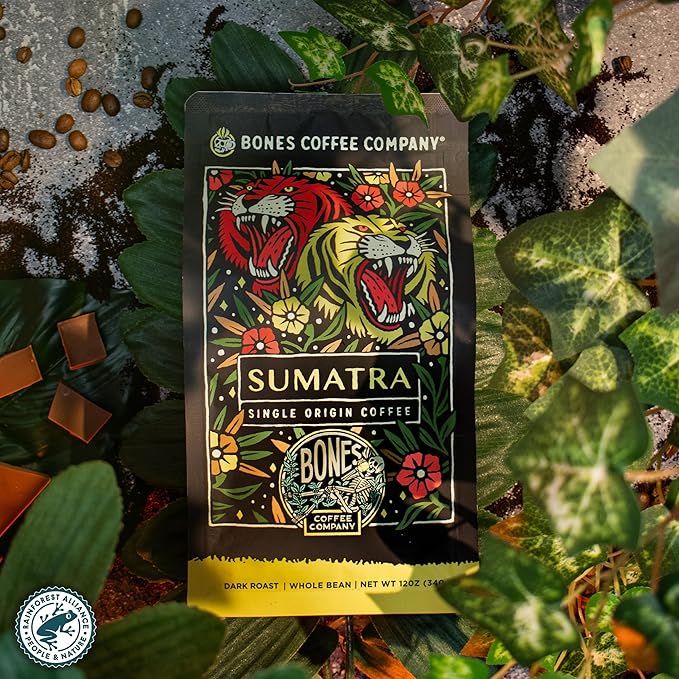 Bones Coffee Company Sumatra Single-Origin, Dark Chocolate, Smoky Earthy Notes, Whole Coffee Beans