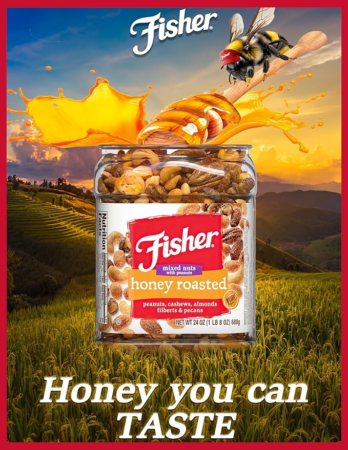 Fisher Snack Honey Roasted Mixed Nuts with Peanuts, 24 Ounces, Peanuts, Cashews, Almonds, Filberts
