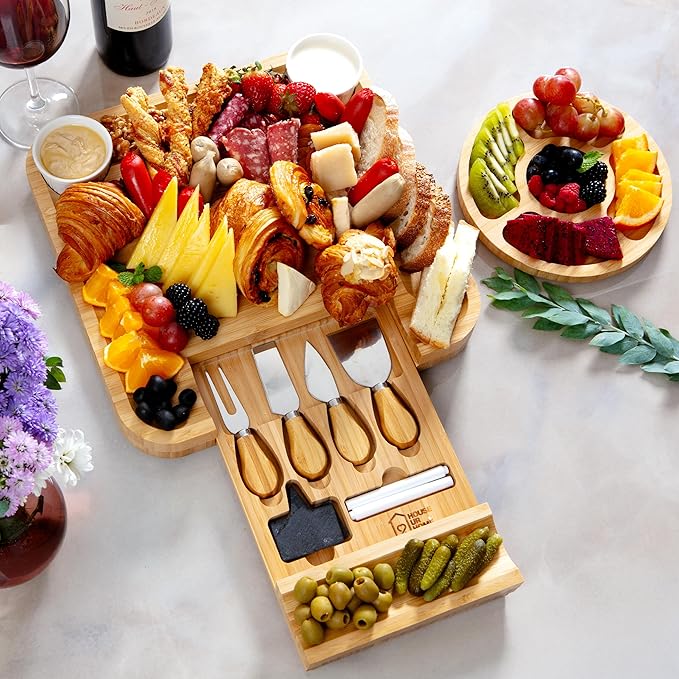 Large Bamboo Charcuterie Boards Gift Set with Hidden Drawer, Side Fruit Tray, Cheese Knife Set