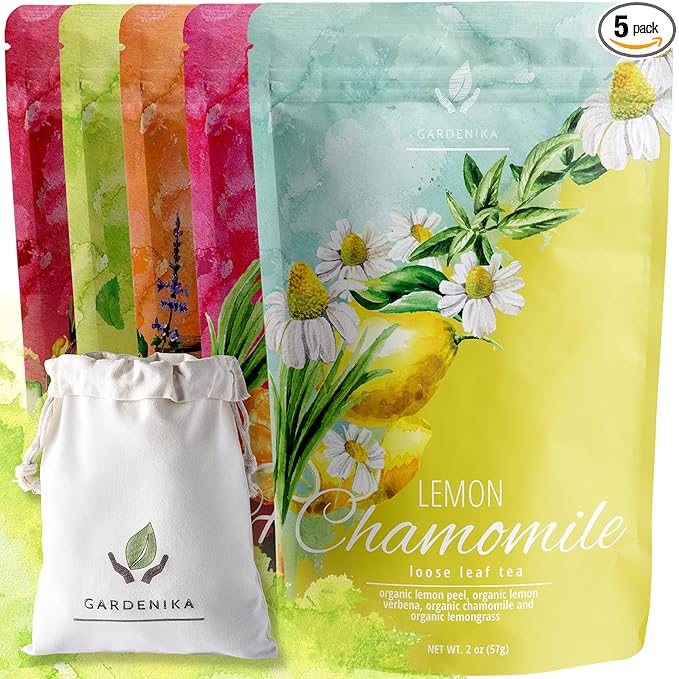 Gardenika Loose Leaf Tea Set, Herbal Caffeine-Free Set - Rooibos, Spearmint, Chamomile, Hibiscus