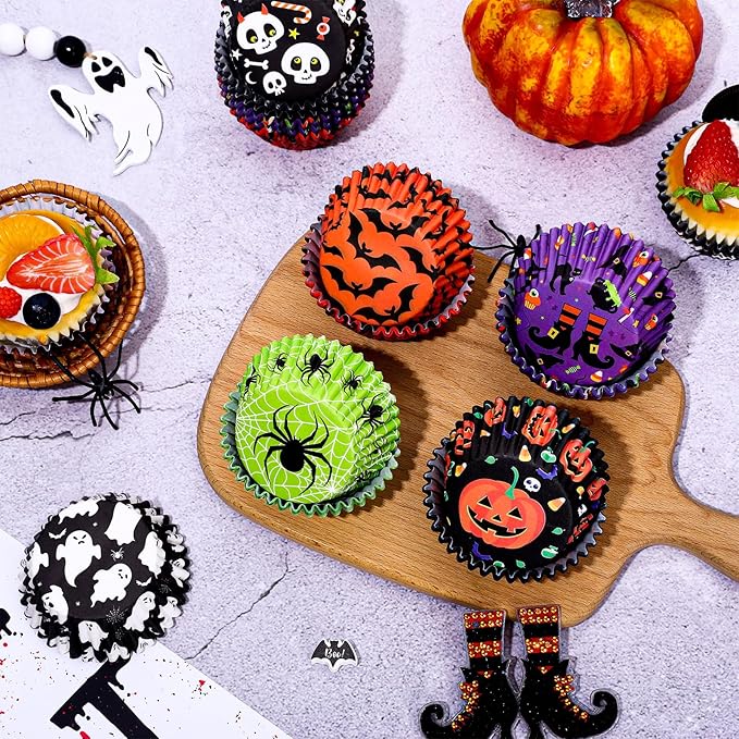 Whaline 600Pcs Halloween Cupcake Liners Pumpkin Witch Legs Bats Ghosts Spider Skulls Cupcake