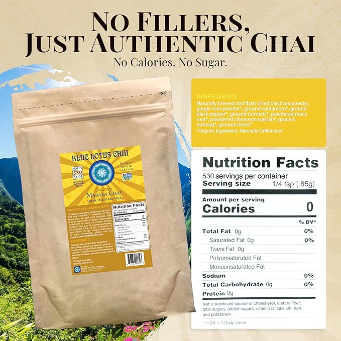 Blue Lotus Chai - Golden Masala Chai - Makes 530 Cups - 1 Pound Bulk Bag Masala Spiced Chai Powder