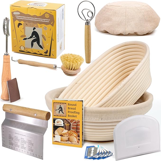 Sourdough Bread Baking Supplies Starter Kit, Banneton Proofing Basket Set: Round 9" & Oval 10"