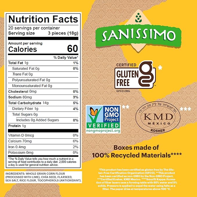 Sanissimo Salmas Salted, 20 packs of 3 Crackers, Oven Baked Corn Crackers, Gluten Free, Non GMO