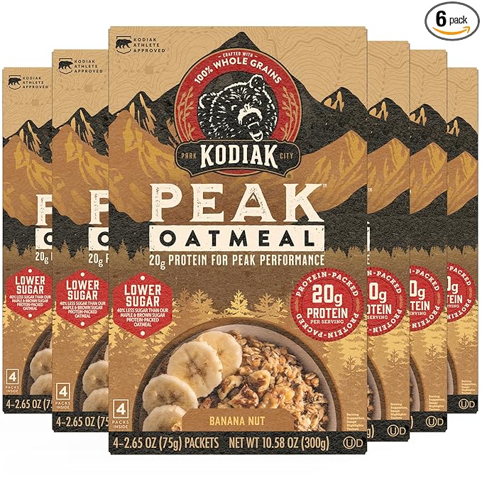 Kodiak Cakes Peak Instant Oatmeal Packets, Banana Nut, High Protein,100% Whole Grains, 6 box with 4