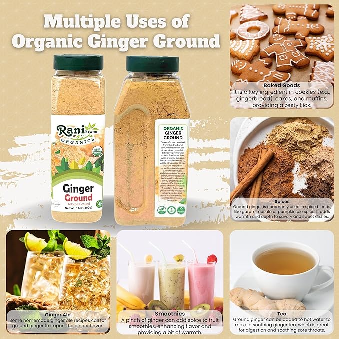 Rani Organic Ginger (Adarak) Powder Ground, Spice 14oz (400g) PET Jar ~ All Natural | Vegan |