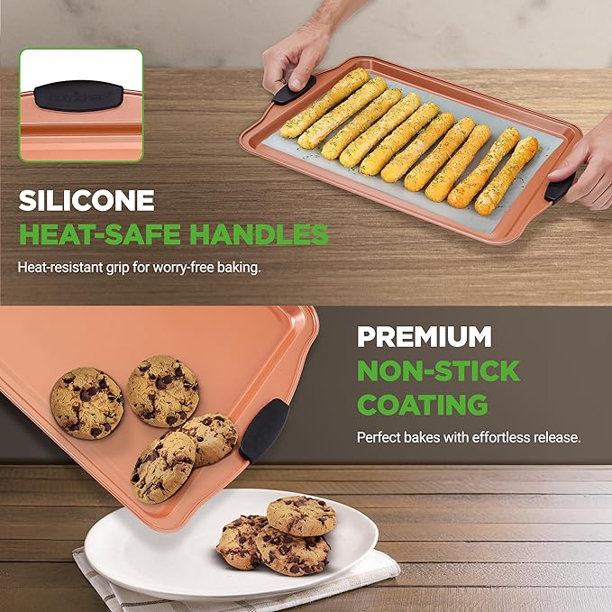 NutriChef 3 Piece Baking Pan Set - PFOA, PFOS, PTFE Free Flexible Nonstick Carbon Steel Bakeware