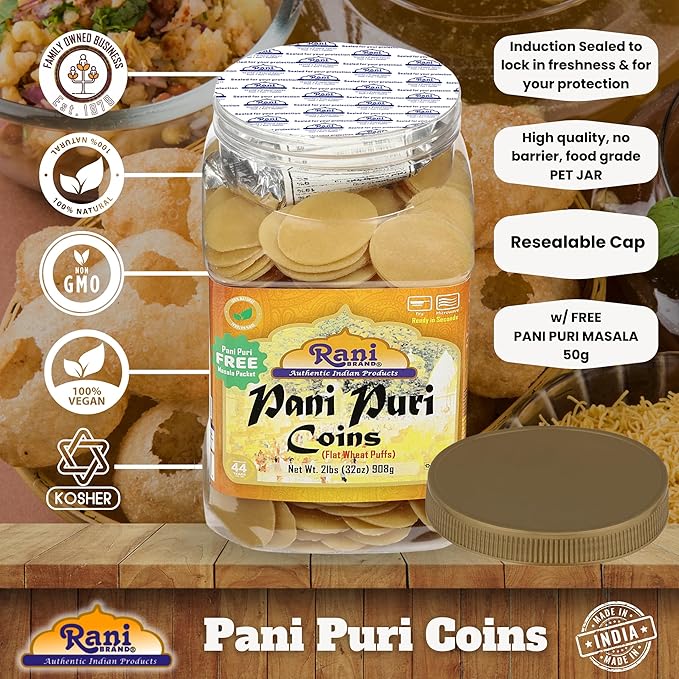Rani Pani Puri Coins (Uncooked, Microwaveable Wheat Semolina Coins) 32oz (2lbs) 908g w/Pani Puri