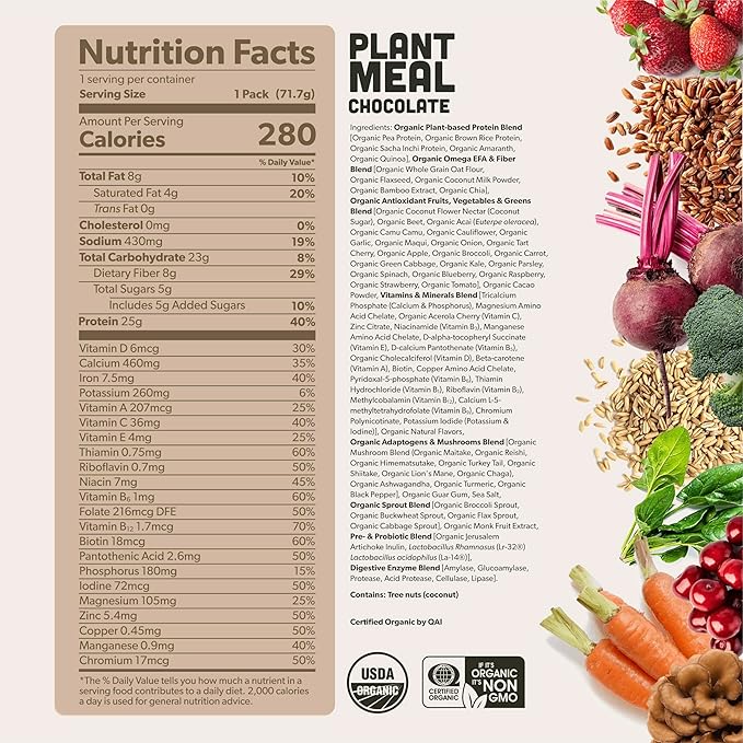 Plant Meal Replacement Shake - Chocolate - 25g of Plant Based Vegan Protein Powder, 76+ Organic