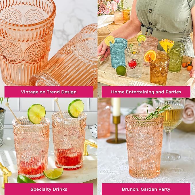 Vintage Textured Rose Gold Striped Drinking Glasses Set of 6, (13 oz) Ribbed Glassware Set |
