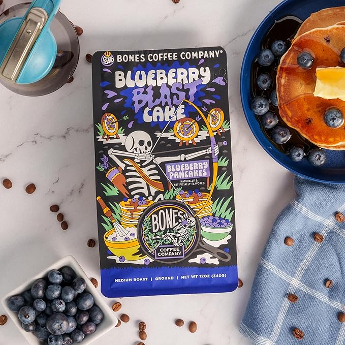 Bones Coffee Company Blueberry Blast Cake, Blueberry Pancakes Flavored Coffee, Medium Roast Low