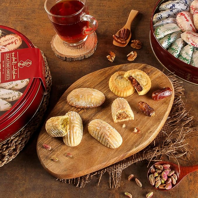 Zalatimo Sweets Since 1860, 100% All Natural Assorted Mamoul Shortbread Cookies, Round Gift Tin