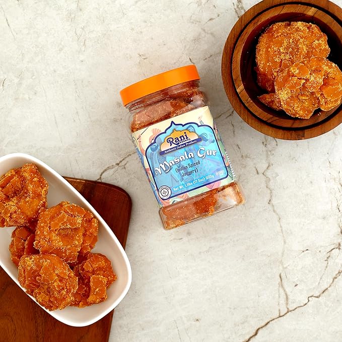 Rani Masala Gur (Jaggery) Indian Unrefined Raw Cane Sugar 17.5oz (1.1lbs) 500g PET Jar ~ Gluten