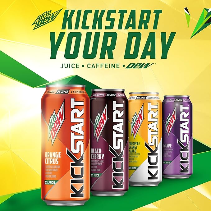 Mountain Dew Kickstart, Pineapple Orange Mango, 90mg Caffeine, Vitamins B & C, 80 Calories, 10%