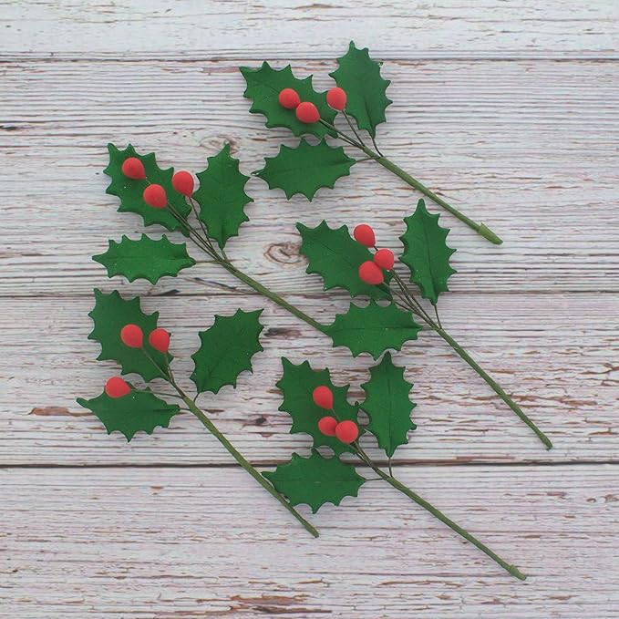 Global Sugar Art Christmas Cake Holly, 3-Leaf Sugar Cake Flower Spray, 5 Count by Chef Alan